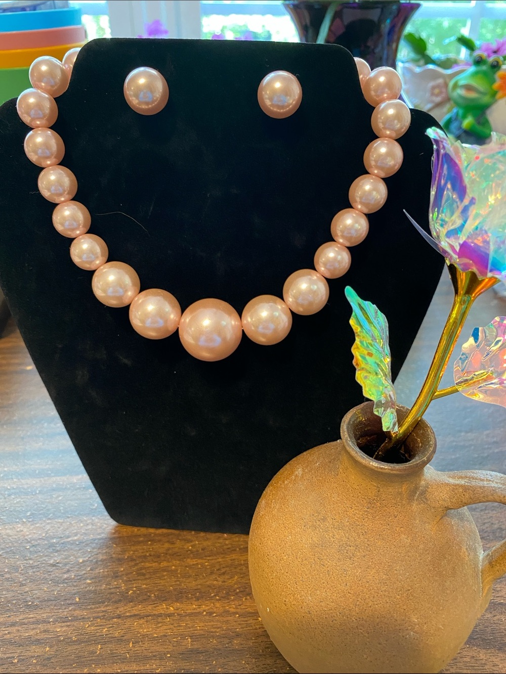 Classic Pink Faux Pearl Necklace and Stud Earrings Set